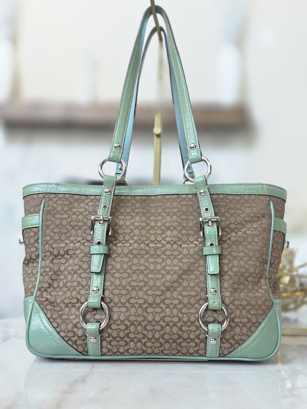 Vintage Coach Gallery Signature Jacquard Tote Mint And Blue Patent Trim F12346